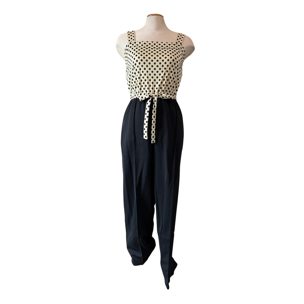 90s Vintage Sears Place de la Mode Polka Dot Jumpsuit Black Cream Wide Leg Retro